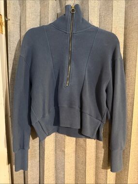 Ribbed Half-Zip Pullover Hoodie - Slate Blue